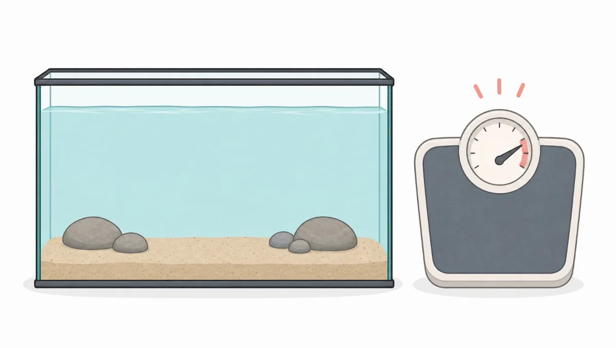 ภาพเปรียบเทียบตู้ปลา 24 นิ้วที่ใส่น้ำเต็มกับตาชั่งที่เข็มพุ่งสูง สื่อว่าตู้หนักกว่าที่คิด